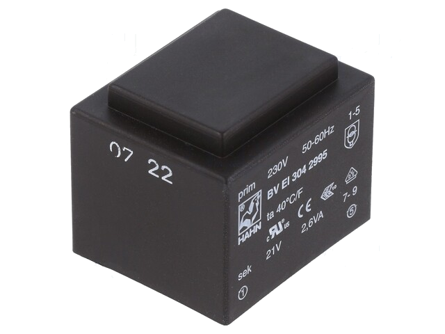 Transformator: ingegoten; 2,6VA; 230VAC; 21V; 123mA; PCB; BVEI Transformator: ingegoten; 2,6VA; 230VAC; 21V; 123mA; PCB; BVEI